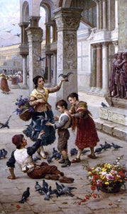  Antonio Paoletti Feeding the Pigeons at Piazza St. Marco, Venice - Art Print