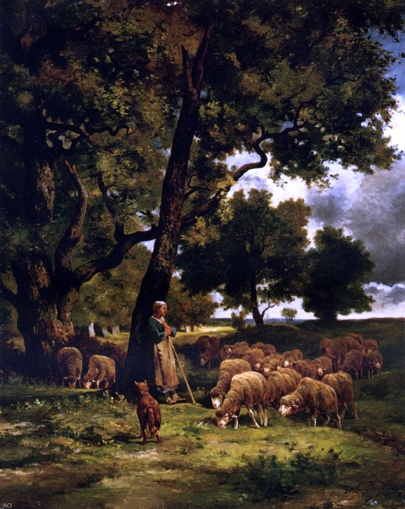  Charles Emile Jacque The Shepherdess and Her Flock - Art Print