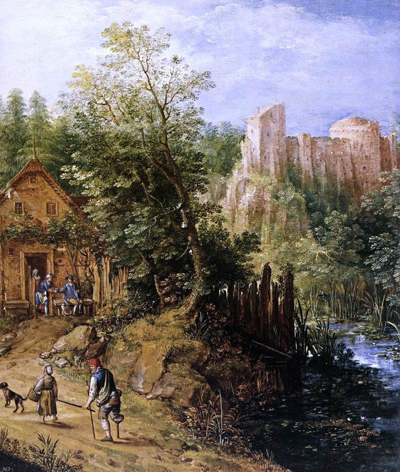  Pieter Stevens Mountain Valley with Inn and Castle (detail) - Art Print