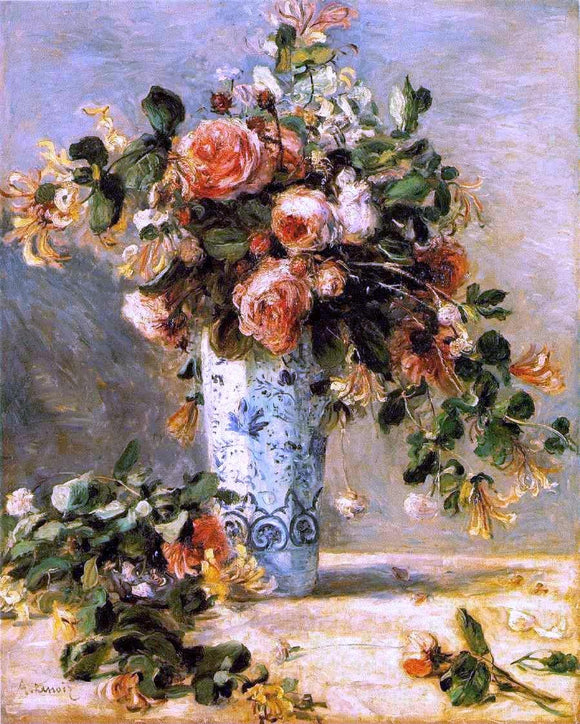  Pierre Auguste Renoir Roses and Jasmine in a Delft Vase - Art Print