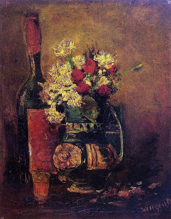  Vincent Van Gogh Vase with Carnations and Roses and a Bottle - Art Print