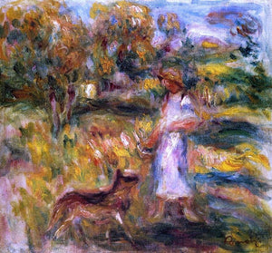  Pierre Auguste Renoir Woman in Blue and Zaza in a Landscape - Art Print