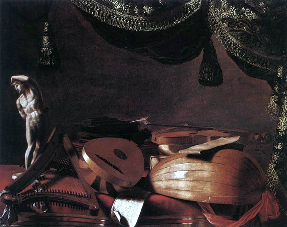  Evaristo Baschenis Still-Life with Musical Instruments and a Small Classical Statue - Art Print