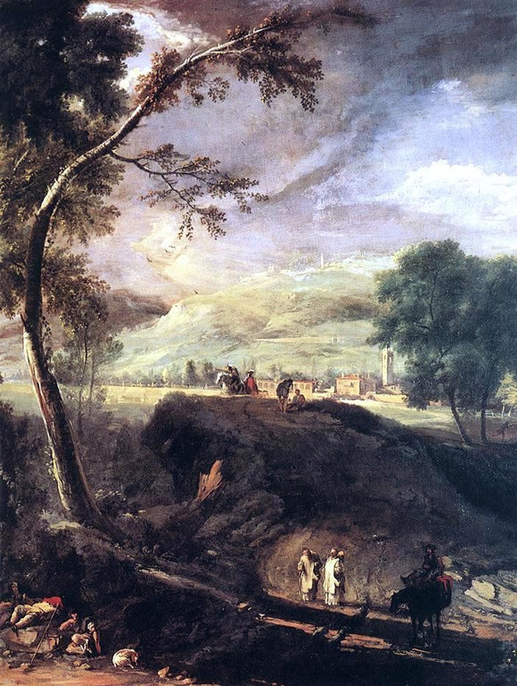  Marco Ricci Landscape with River and Figures (detail) - Art Print