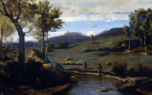  Jean-Baptiste-Camille Corot Roman Countryside - Rocky Valley with a Herd of Pigs - Art Print