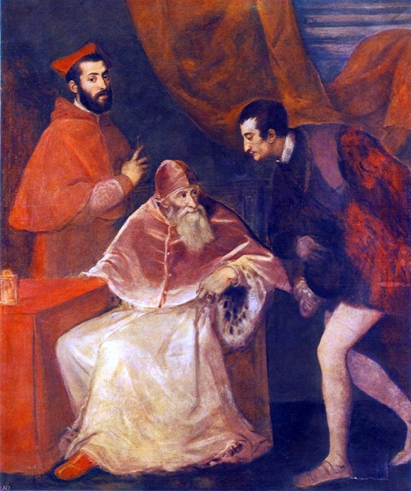  Titian Pope Paul III and his Cousins Alessandro and Ottavio Farnese - Art Print