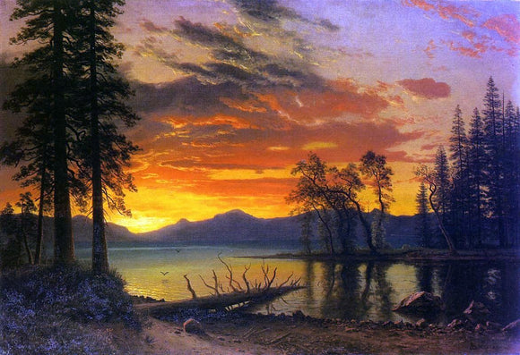  Albert Bierstadt Sunset, Deer, and River - Art Print