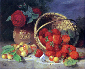  Eloise Harriet Stannard A Basket of Strawberries, Cherries, a Butterfly and Red Roses in a Vase on a Stone Ledge - Art Print