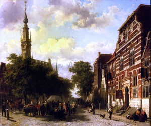  Cornelis Springer Busy Market in Veere with the Clocktower of the Town Hall Beyond - Art Print