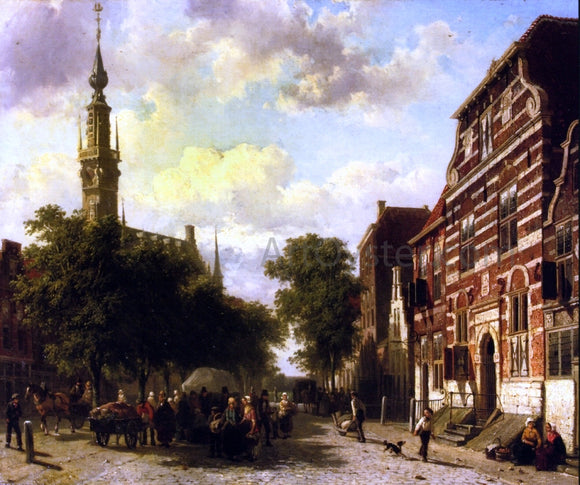  Cornelis Springer Busy Market in Veere with the Clocktower of the Town Hall Beyond - Art Print