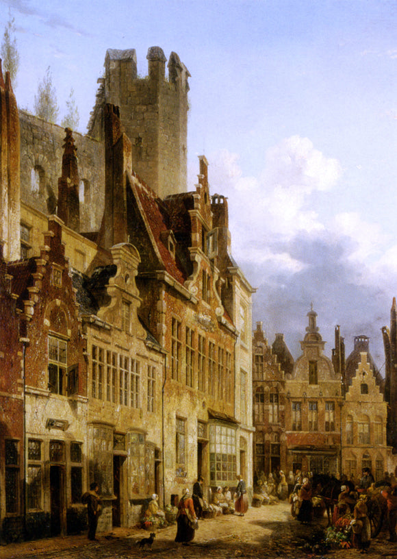  Francois-Jean-Louis Boulanger Busy Market Scene in the Streets of Ghent - Art Print