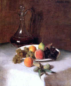  Henri Fantin-Latour A Carafe of Wine and Plate of Fruit on a White Tablecloth - Art Print