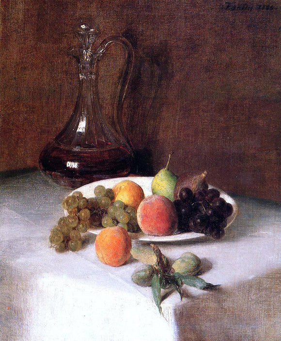  Henri Fantin-Latour A Carafe of Wine and Plate of Fruit on a White Tablecloth - Art Print
