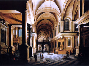  Daniel De Blieck A Church Interior by Candlelight with Figures Conversing - Art Print