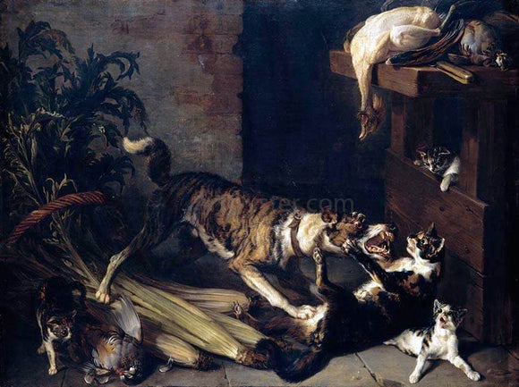  Alexandre-Francois Desportes Dog and a Cat Fighting in a Kitchen Interior - Art Print
