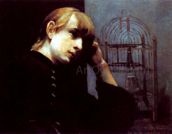  Joseph Jannsens De Waerebeke A Dreamy Girl by a Bird Cage - Art Print