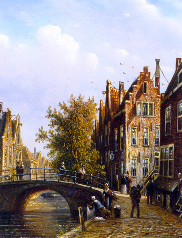  Johannes Franciscus Spohler A Dutch Town with Figures on a Canal - Art Print