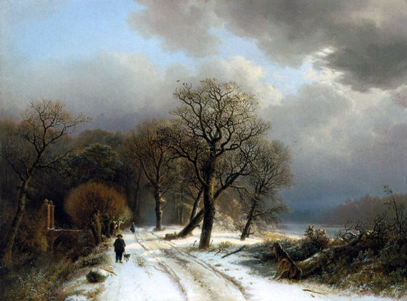  Barend Cornelis Koekkoek Figure Walking His Dog on a Path in a Winter Landscape - Art Print