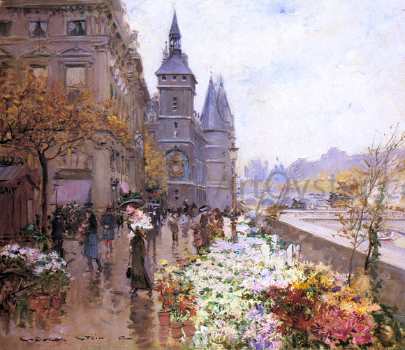  Georges Stein A Flower Market Along the Seine - Art Print