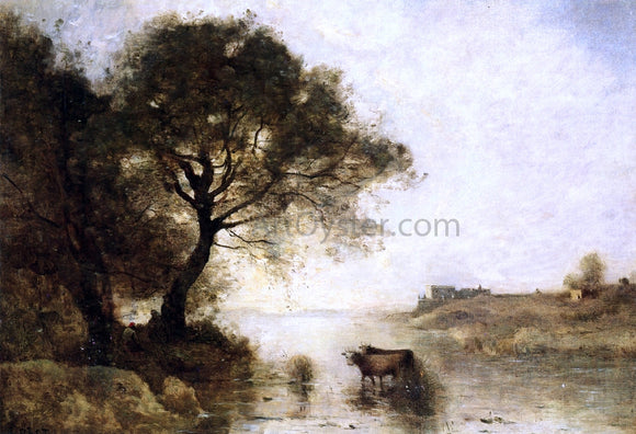  Jean-Baptiste-Camille Corot A Ford with Large Trees - Art Print