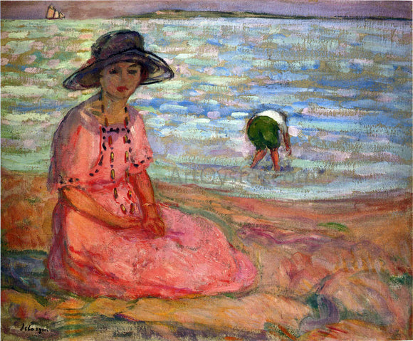  Henri Lebasque A Girl in a Pink Robe by the Sea - Art Print