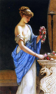  James Sant RA A Girl in Classical Dress Arranging a Garland of Flowers - Art Print