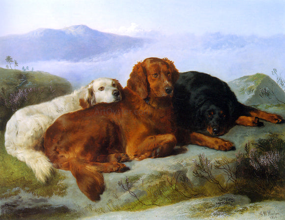  George W Horlor A Golden Retriever, Irish Setter, and a Gordon Setter in a Mountainous Landscape - Art Print