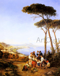  Consalvo Carelli A Group Of Peasants With The Bay Of Naples Beyond - Art Print
