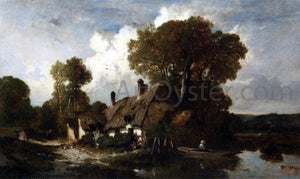  Adolphe Hervier Man in a Boat by a Cottage in a Wooded River Landscape - Art Print