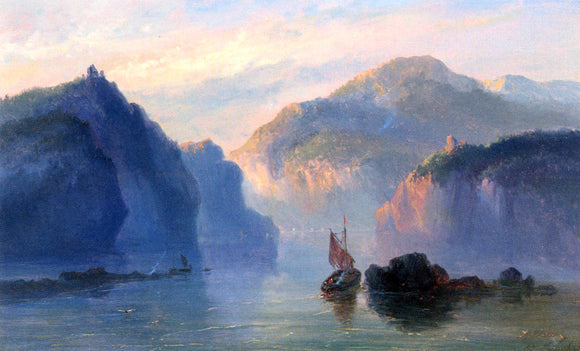  Josephus Gerardus Hans A Mountainous River Landscape With A Sailboat At Dusk - Art Print