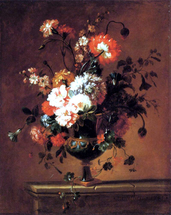  Jacques-Charles Dutillieu A Parrot Tulip, Peonies and other Flowers in an Urn on a Ledge - Art Print