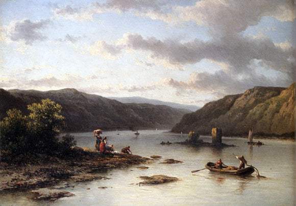  Johannes Hilverdink A Rhenish River Landscape With Fishermen In A Boat And Washerwomen On A Bank - Art Print