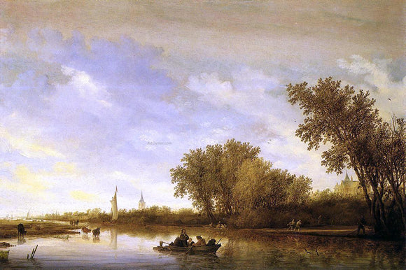  Salomon Van Ruysdael A River Landscape with Boats and Chateau - Art Print