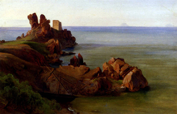 Jean-Baptiste-Adolphe Gibert A Rocky Outcrop With A Moored Boat And Ruined Watchtower, Cefalu - Art Print