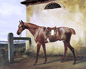  Horace Vernet A Saddled Race Horse Tied to a Fence - Art Print