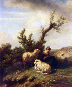  Edmond Baptiste Tschaggeny A Shepherdess and Her Flock - Art Print