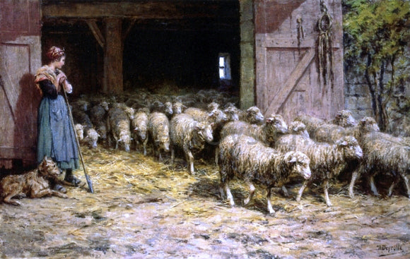  Theophile-Louis Deyrolle A Shepherdess and her Flock - Art Print