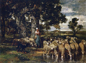  Charles Emile Jacque A Shepherdess with Her Flock - Art Print