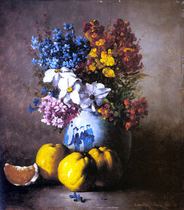  Germain Clement Ribot A Still Life with a Vase of Flowers and Fruit - Art Print