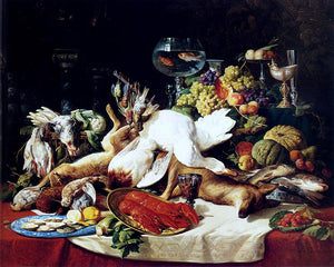  Lucas Schaefels A Still Life With Fruit, Fish, Game And A Goldfish Bowl - Art Print
