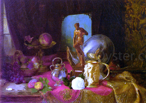  Blaise Alexandre Desgoffe A Still Life with Fruit, Objets d'Art and a White Rose on a Table - Art Print