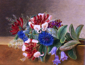  Johan Laurentz Jensen A Still Life with Honeysuckle, Blue Cornflowers and Bluebells on a Marble Ledge - Art Print