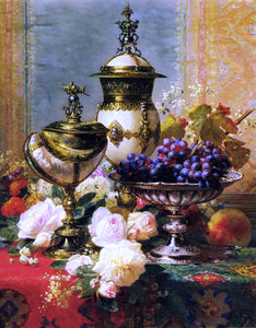  Jean Baptiste Robie A Still Life with Roses, Grapes and A Silver Inlaid Nautilus Shell - Art Print