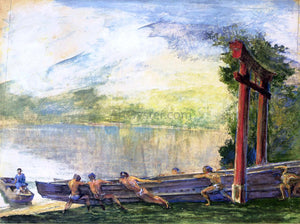  John La Farge A Torii on Shore of Lake Chusenji, Japan. Fishermen Pushing Out Their Boat - Art Print