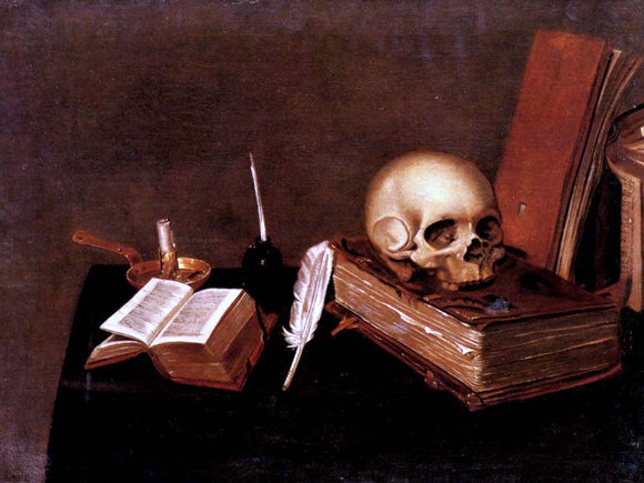  Michael Konrad Hirt A Vanitas Still Life with a Candle, an Inkwell, a Quill Pen, a Skull and Books - Art Print