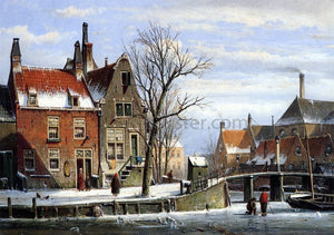  Willem Koekkoek A View in a Town in Winter with Skaters on a Frozen Canal - Art Print