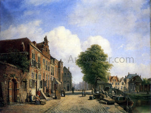  Marinus Van Raden A View in a Town with Townsfolk on a Street Along a Canal - Art Print