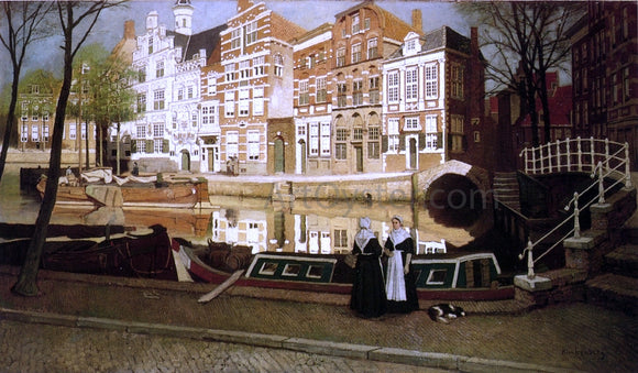  Johannes Karel Klinkenberg A View in Delfshaven with Women in Custume conversing on a Quay along a Canal - Art Print