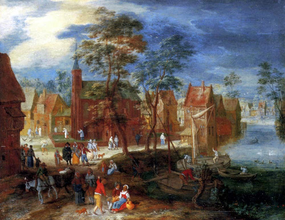  Pieter Gysels A Village Scene with Peasants Strolling by a River Bank - Art Print