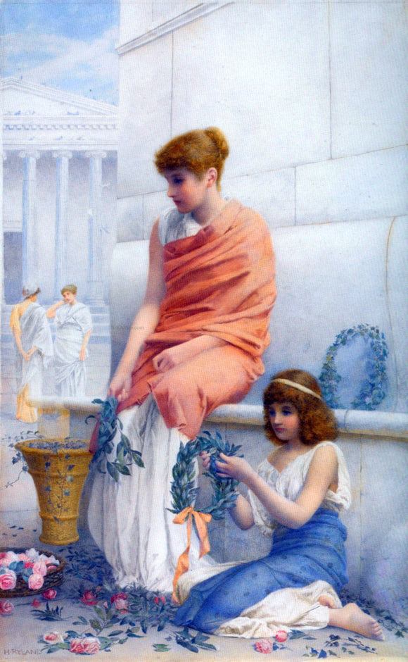  Henry Ryland A Woman and Child Making Wreaths - Art Print